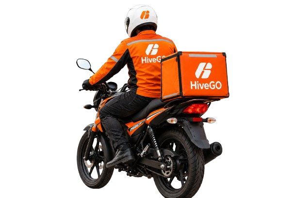 HiveGo professional dispatch rider on motorcycle wearing orange jacket and HiveGo delivery box
